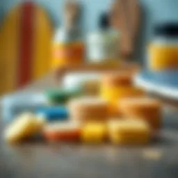 Different types of surfboard wax arranged on a table