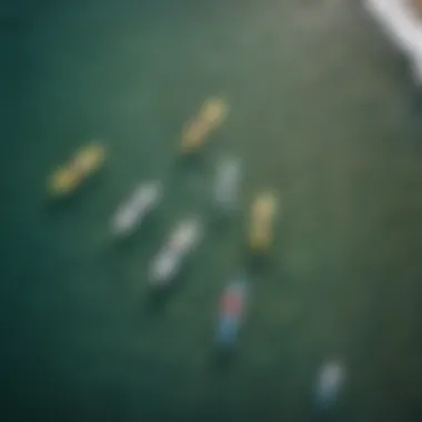 An aerial view of diverse paddle boarders enjoying a surf session