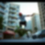 A skateboarder performing tricks in a surf-inspired urban environment