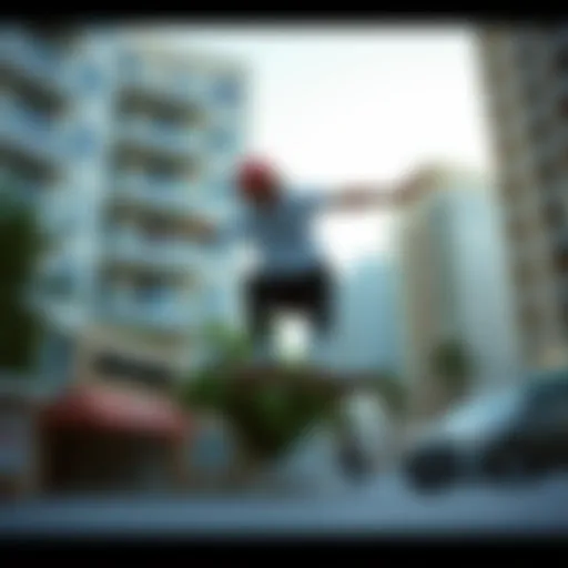 A skateboarder performing tricks in a surf-inspired urban environment