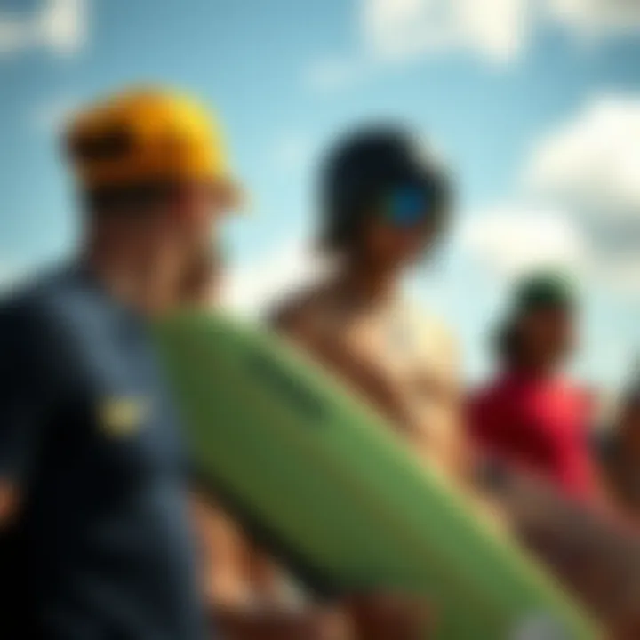 A vibrant gathering of skaters and surfers sharing experiences