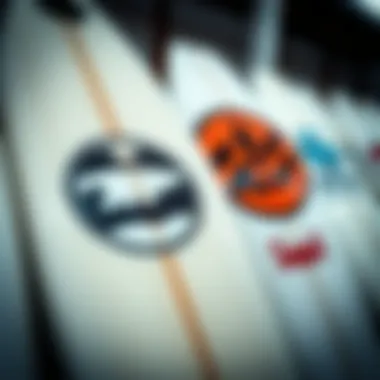 Close-up of surfboards featuring skate brand logos