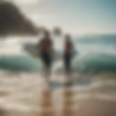 A scenic beach with surfers applying sunscreen before hitting the waves.