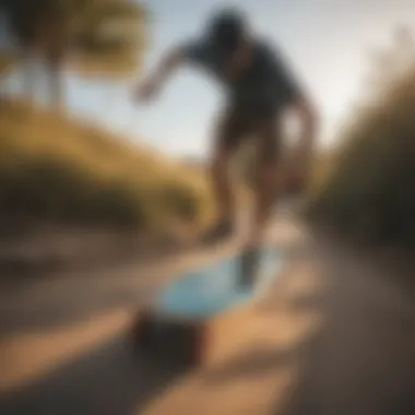 A beginner enjoying a ride on a cruiser board along a scenic pathway