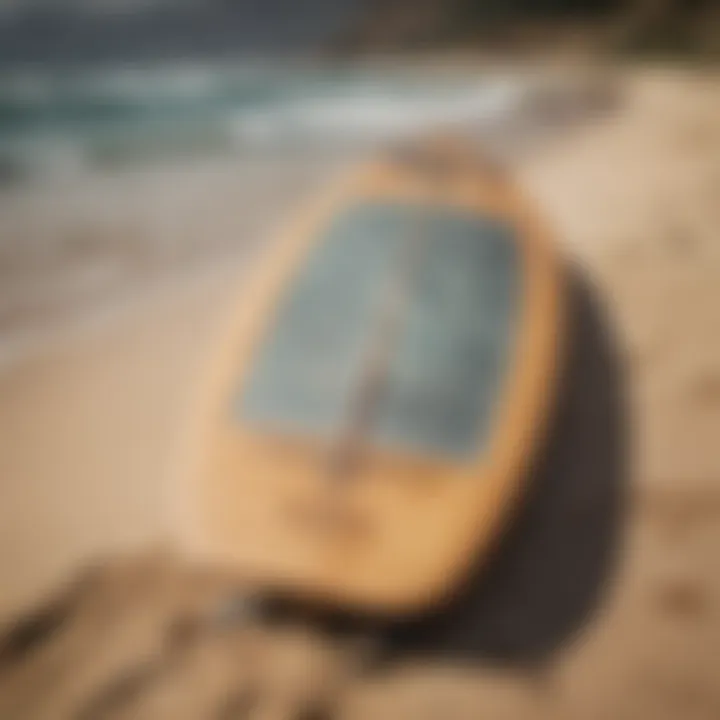 A vintage belly board resting on a sandy beach