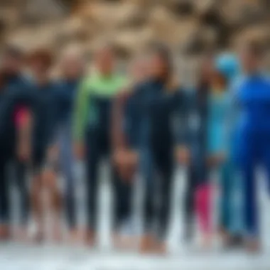 Diverse Styles of Surf Wetsuits A lineup of various wetsuits in different styles and colors