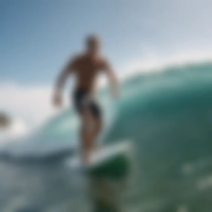 Surfer showcasing stylish trunks while catching a wave