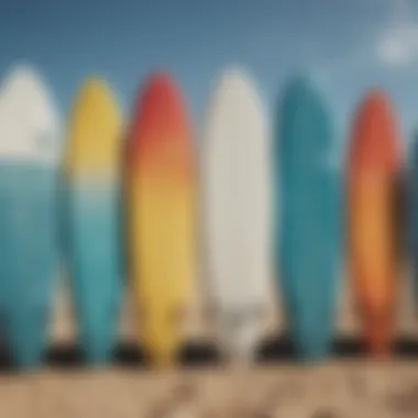 Trendy surfing trunks arranged with surfboards