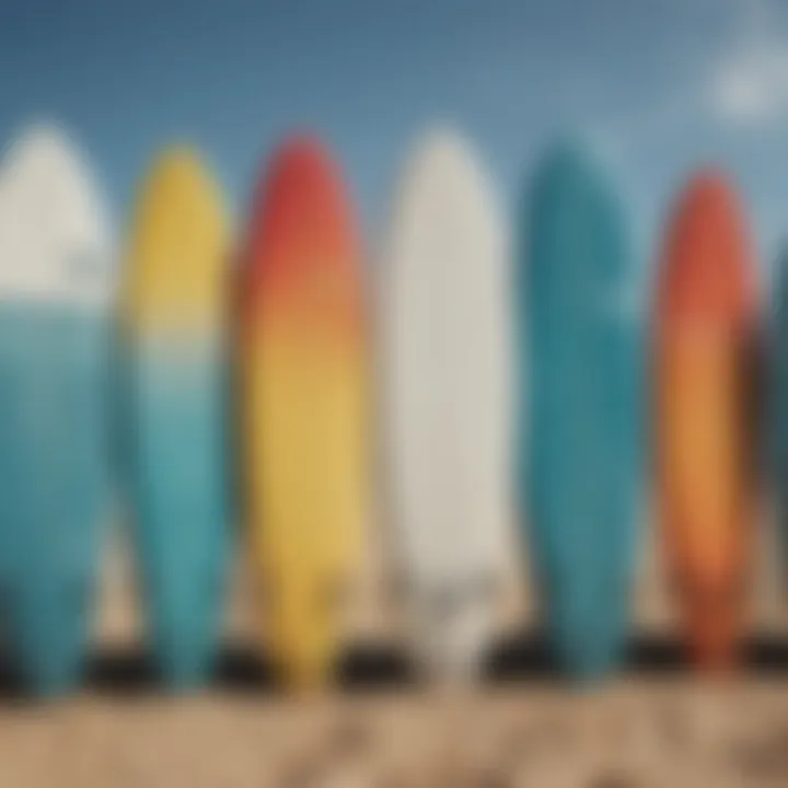 Trendy surfing trunks arranged with surfboards