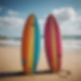 Vibrant surfing trunks displayed on a sandy beach