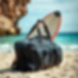 A well-organized boogie board travel bag with straps and compartments.