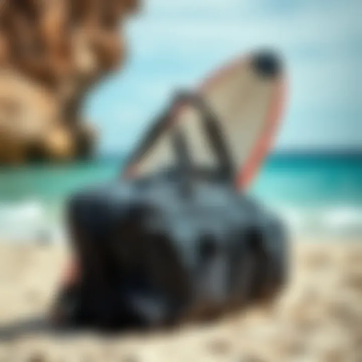 A well-organized boogie board travel bag with straps and compartments.