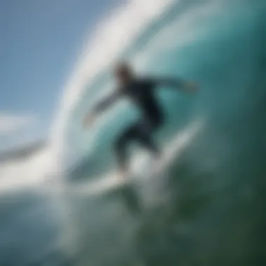 A surfer demonstrating breath control while riding a wave