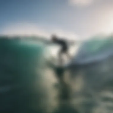 A surfer riding a wave with a focus on board shape