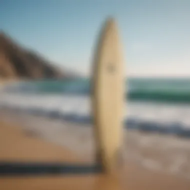 Surfboard setup on the beach with ocean waves