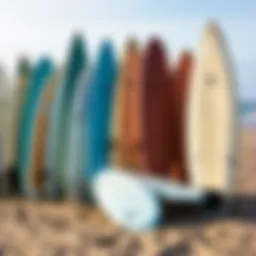 A variety of fish surfboards displayed on the beach