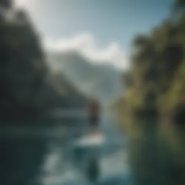 Paddleboard on calm water with nature backdrop