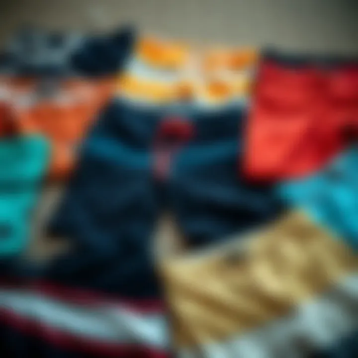 Various board shorts laid out showcasing different styles and colors