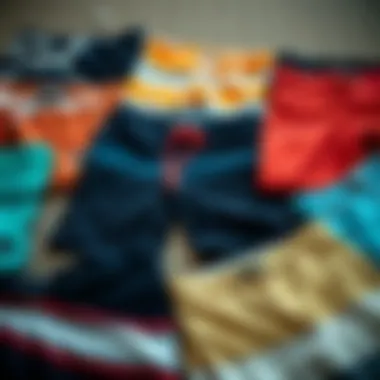 Diverse Styles and Colors of Board Shorts Various board shorts laid out showcasing different styles and colors