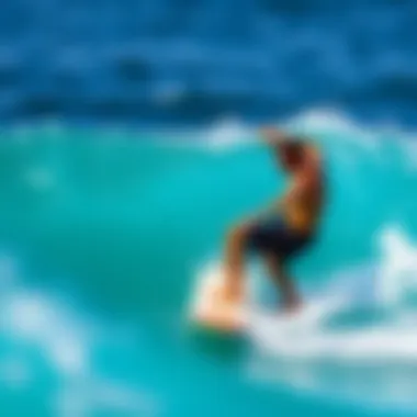 A surfer catching a wave in stylish board shorts