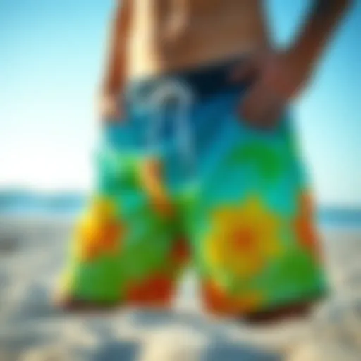 Vibrant board shorts displayed on a sandy beach