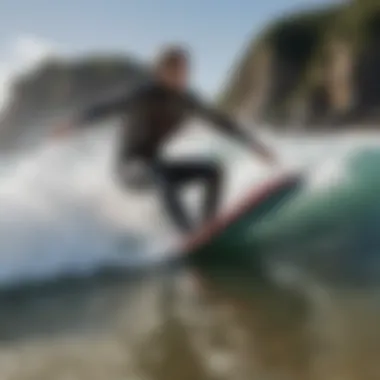 An individual skillfully riding a wave on a bodyboard, showcasing technique and balance