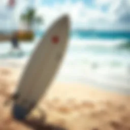 Foam surfboard on a vibrant beach