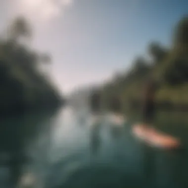 A group practicing paddleboarding techniques on the water.