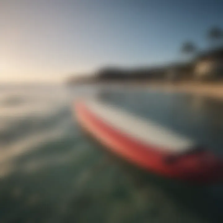 Close-up of surfboard features like fins and traction pads