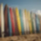 Different types of surfboards displayed on the beach