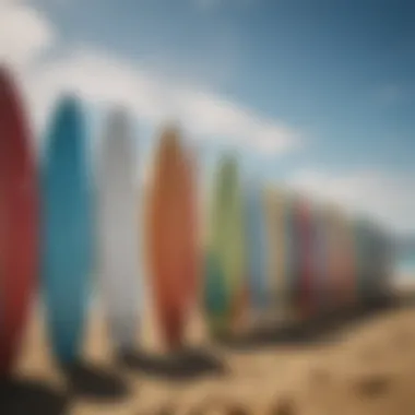 Variety of surfboards displayed on a beach