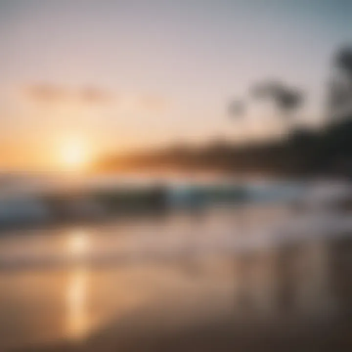 A serene beach at sunset with surfers