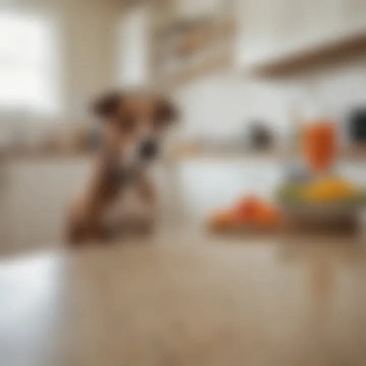 A dog looking curiously at a kitchen counter filled with food.