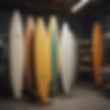 A visually striking display of surfboards in various stages of construction, highlighting craftsmanship.