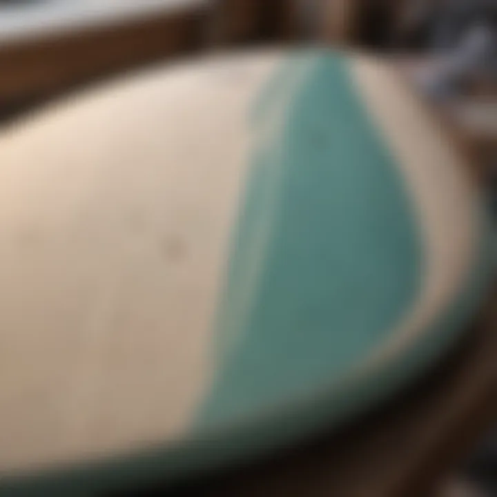 Different surfboard materials, including foam and fiberglass, displayed artistically