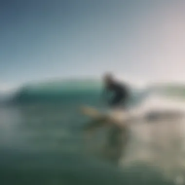 A vibrant beach scene with surfers riding waves on custom boards