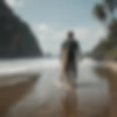 Surfer effortlessly transporting surfboard with Dakine wheeled bag