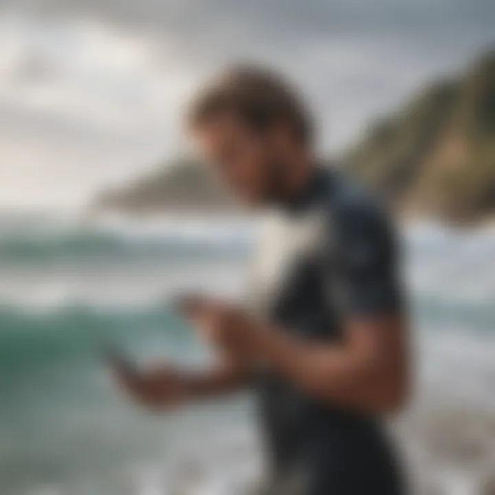 Surfer checking weather updates on a smartphone