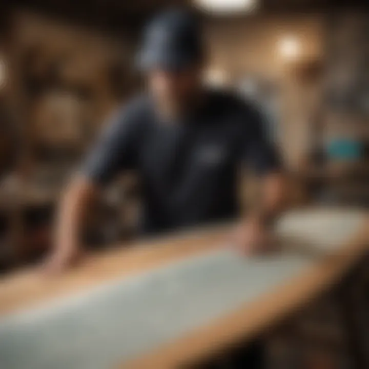 An artisan shaping a surfboard, highlighting craftsmanship and innovation.