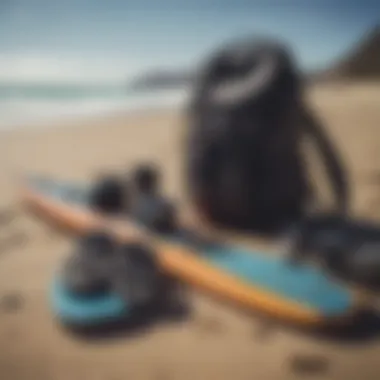 Essential surf gear laid out on the beach