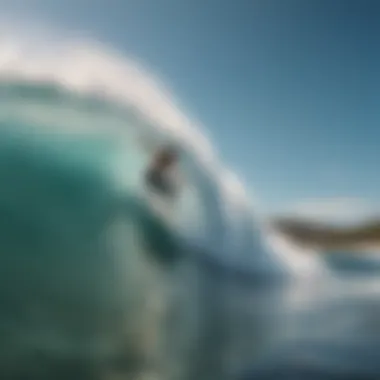 A scenic view of a surfer catching a wave with perfect form