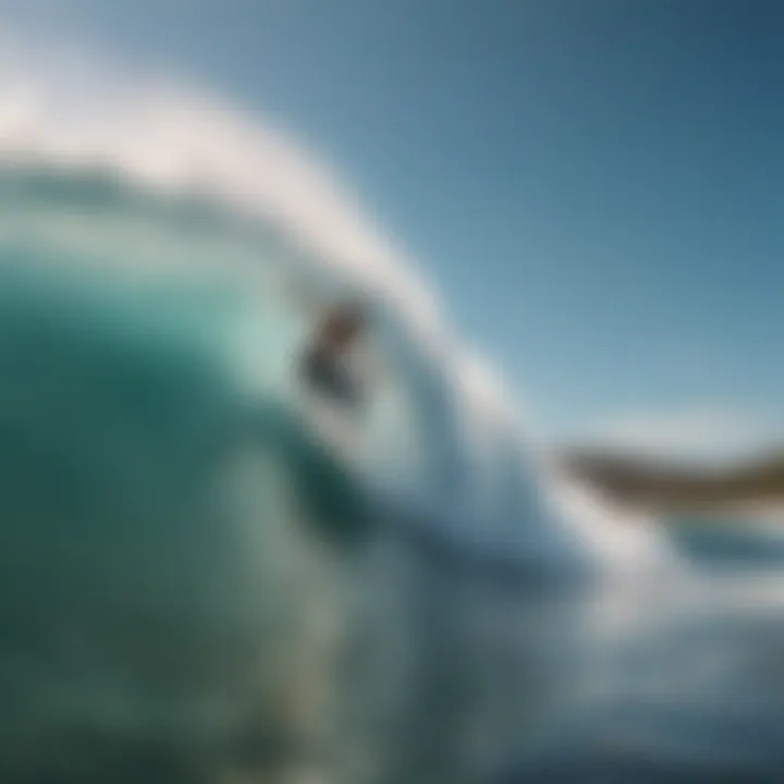 A scenic view of a surfer catching a wave with perfect form