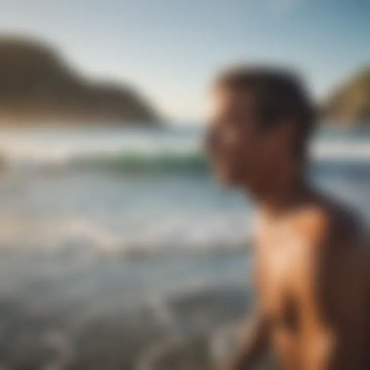 A surfer performing a deep breathing technique on the beach