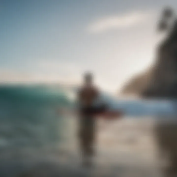 A tranquil ocean scene with a surfer meditating by the shoreline