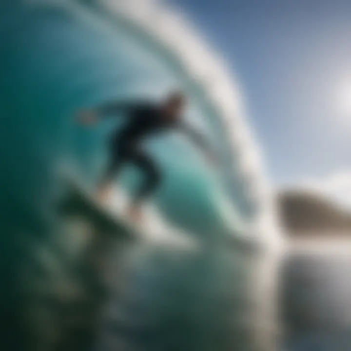 Surfer catching a wave with perfect technique