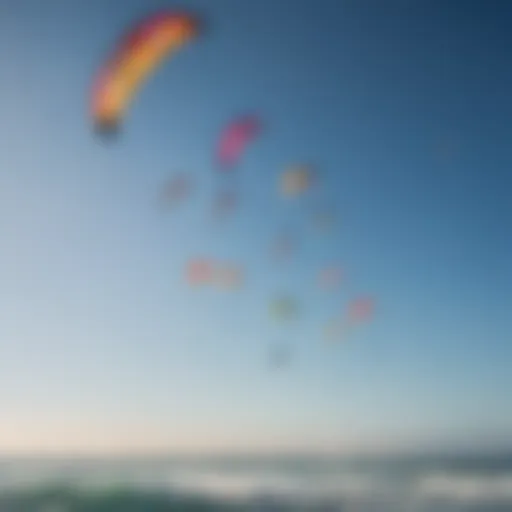 An assortment of kitesurfing kites in vibrant colors against a clear sky