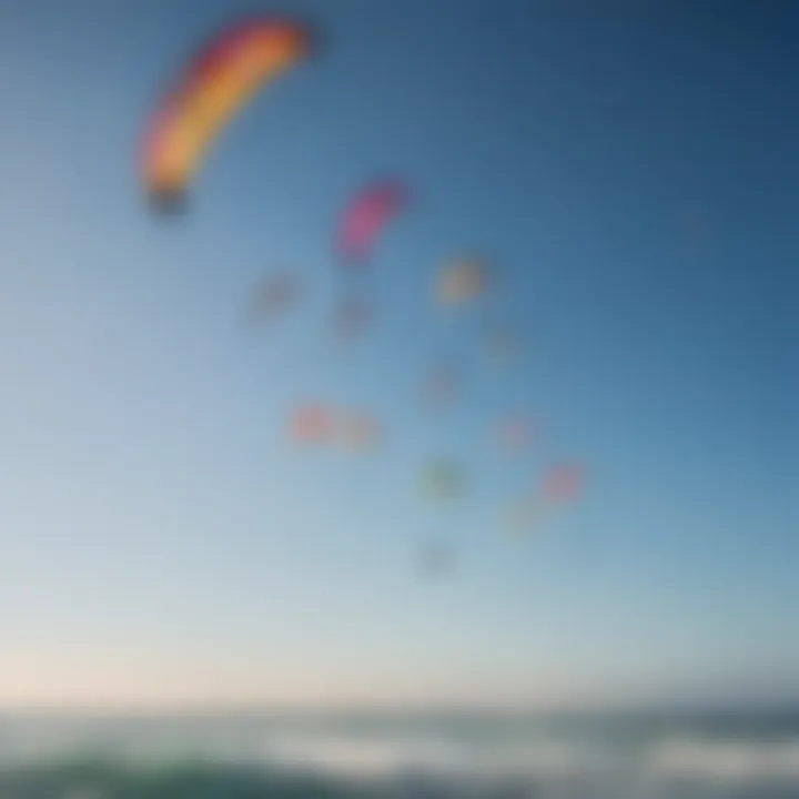 An assortment of kitesurfing kites in vibrant colors against a clear sky