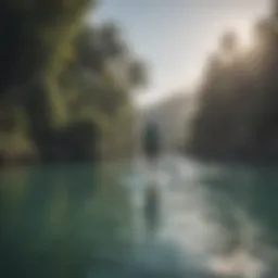 A well-equipped paddle boarder gliding across calm waters