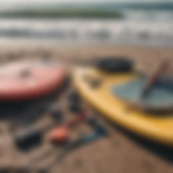 Various paddle boarding gear laid out on the shore