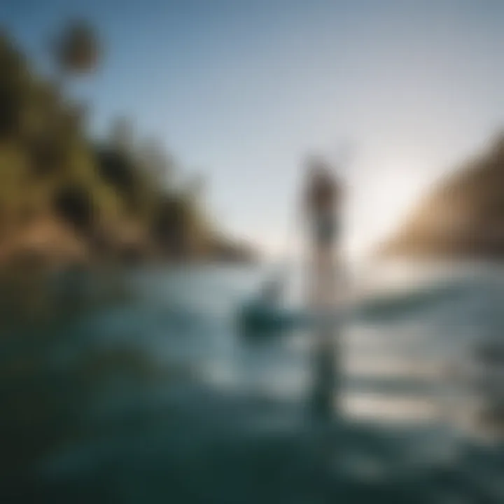 Paddle boarder practicing balance and techniques on water